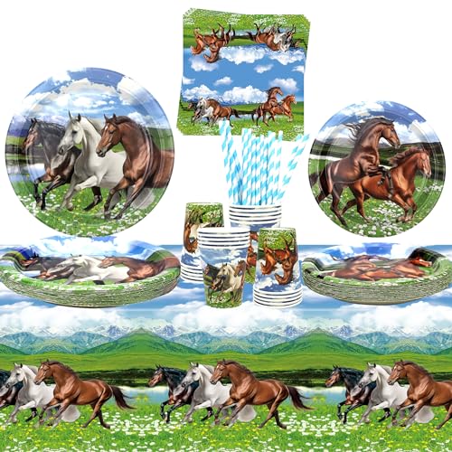 Pferde-Partyzubehör – für 20 Personen, Pferde-Partygeschirr – Speiseteller, Desserts, Teller, Becher, Servietten, Tischdecke, Strohhalme für Pferderennen, Cowboy, Westernjunge, von ENCETARDE