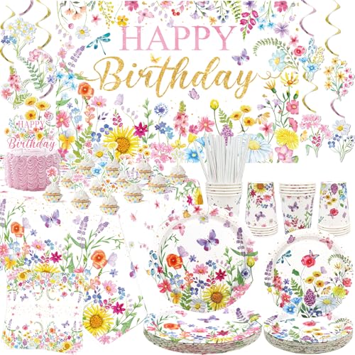 Wildblumen-Geburtstagsdekoration, Blumengeburtstagsparty-Zubehör, Teller, Tassen, Servietten, Tischdecke, Happy Birthday-Hintergrund, Kuchendekoration, hängende Wirbel für Frühling, Sommer, Picknicks, von ENCETARDE