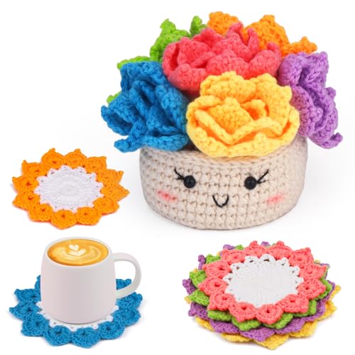ENCHOL Häkelset für Anfänger – 6 handgefertigte Untersetzer in einem Blumentopf, Häkel-Startset, komplettes Anfänger-Häkelset mit Garn, Zubehör, Schritt-für-Schritt-Video-Tutorials für erwachsene ENCHOL Häkelset für Anfänger – 6 handgefertigte Untersetzer in einem Blumentopf, Häkel-Startset, komplettes Anfänger-Häkelset mit Garn, Zubehör, Schritt-für-Schritt-Video-Tutorials für erwachsene von ENCHOL