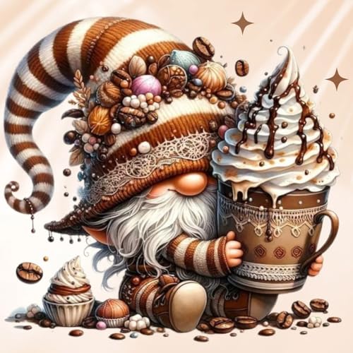ENCOMAG Diamond Painting Kaffee Zwerg, Diamant Painting Bilder Niedlicher Gnom Kaffee bohnen, Diamond Painting Erwachsene, Diamant Malerei Kits Wand Dekor 30 x 30 cm von ENCOMAG
