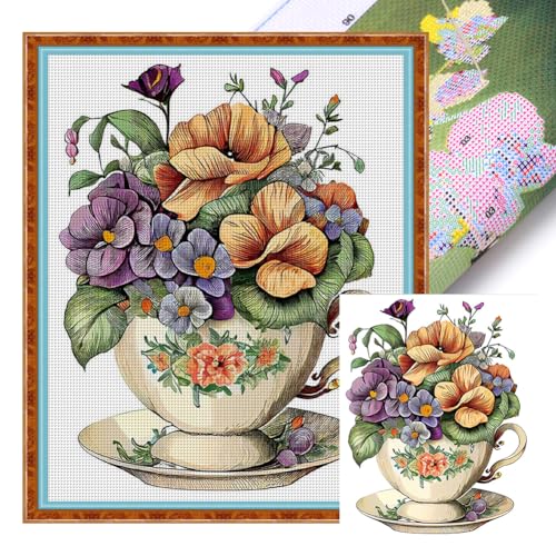 ENCOMAG Kreuzstich-Stickset mit Teetassen-Blume, 18 Karat, geprägt, vorgedruckt, für Erwachsene, Anfänger, Anfänger, einfaches Kreuzstichmuster-Set, Wanddekoration, 20 x 25 cm von ENCOMAG