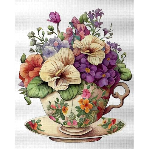 ENCOMAG Kreuzstich-Stickset mit Teetassen-Blume, 18 Karat, geprägt, vorgedruckt, für Erwachsene, Anfänger, Anfänger, einfaches Kreuzstichmuster-Set, Wanddekoration, 20 x 25 cm von ENCOMAG