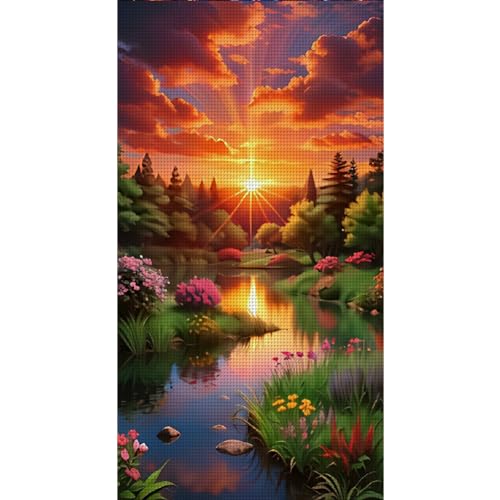 ENCOMAG Vorgedrucktes Kreuzstich-Set mit Sonnenuntergang-Landschaft, 11-fädig, geprägtes Stickset, 40 x 70 cm, Stoff mit Zubehör, Handarbeit, Wanddekoration von ENCOMAG