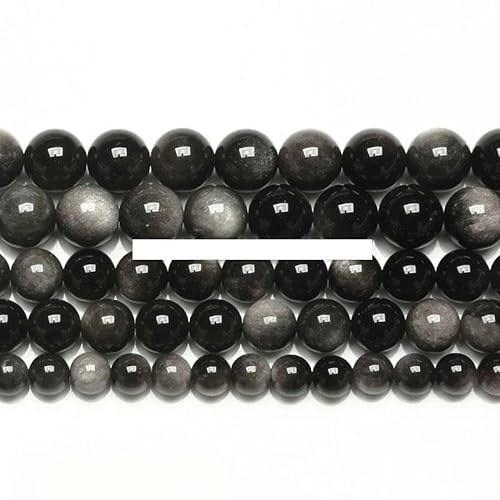 Naturstein, silberfarbener Obsidian, runde lose Perlen, 38,1 cm Strang, 4, 6, 8, 10, 12, 14 mm, Auswahlgröße für die Schmuckherstellung, 4 mm, 85 bis 95 Stück von ENEMO