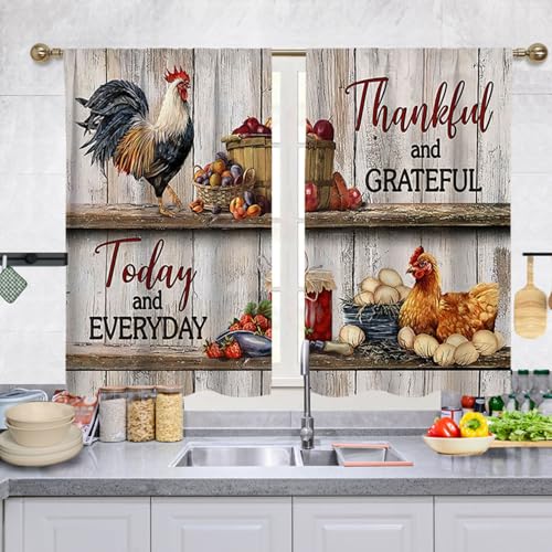 ENEN 2 Stück Kurzgardine Wohnzimmer Küchen, Ländlich Kurzer Vorhang Fenster Durchscheinend Fenstergardinen, Bistrogardine Stab Tasche Halbe Fenster Behandlung für Home Decor (Huhn,70x50cm) von ENEN