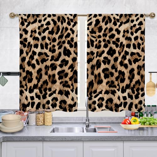 ENEN 2 Stück Kurzgardine Wohnzimmer Küchen, Ländlich Kurzer Vorhang Fenster Durchscheinend Fenstergardinen, Bistrogardine Stab Tasche Halbe Fenster Behandlung für Home Decor (Leopard,70x50cm) von ENEN