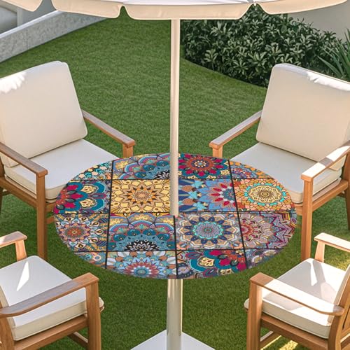 ENEN 3D Elastische Runde Tischdecke mit Schirmloch und Reißverschluss, Wasserdicht Outdoor Taillierte Runde Tischdecke, Wetterfest Gartentischdecke für Sonnenschirm (Böhmen 3,L: 114-137cm) von ENEN