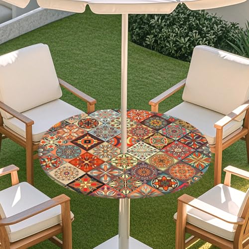 ENEN 3D Elastische Runde Tischdecke mit Schirmloch und Reißverschluss, Wasserdicht Outdoor Taillierte Runde Tischdecke, Wetterfest Gartentischdecke für Sonnenschirm (Böhmen 4,S: 79-89cm) von ENEN