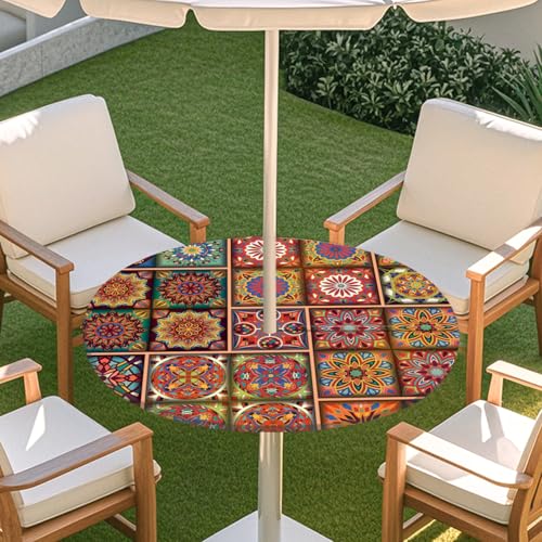 ENEN 3D Elastische Runde Tischdecke mit Schirmloch und Reißverschluss, Wasserdicht Outdoor Taillierte Runde Tischdecke, Wetterfest Gartentischdecke für Sonnenschirm (Böhmen 5,M: 91-112cm) von ENEN