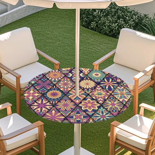 ENEN 3D Elastische Runde Tischdecke mit Schirmloch und Reißverschluss, Wasserdicht Outdoor Taillierte Runde Tischdecke, Wetterfest Gartentischdecke für Sonnenschirm (Böhmen 8,M: 91-112cm) von ENEN