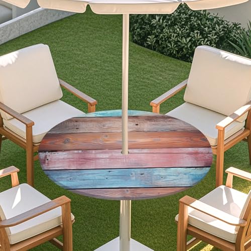 ENEN 3D Elastische Runde Tischdecke mit Schirmloch und Reißverschluss, Wasserdicht Outdoor Taillierte Runde Tischdecke, Wetterfest Gartentischdecke für Sonnenschirm (Brett 1,L: 114-137cm) von ENEN