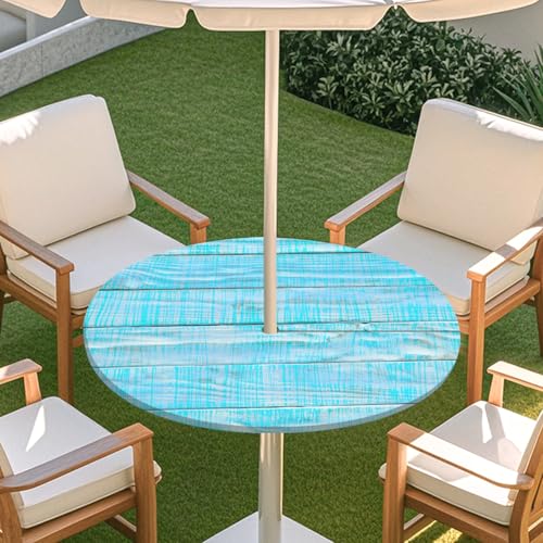 ENEN 3D Elastische Runde Tischdecke mit Schirmloch und Reißverschluss, Wasserdicht Outdoor Taillierte Runde Tischdecke, Wetterfest Gartentischdecke für Sonnenschirm (Brett 2,L: 114-137cm) von ENEN