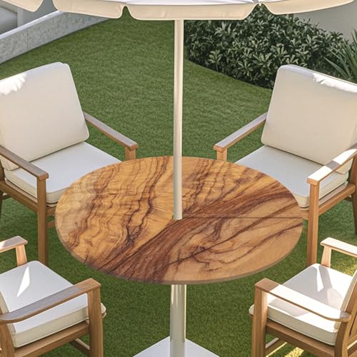 ENEN 3D Elastische Runde Tischdecke mit Schirmloch und Reißverschluss, Wasserdicht Outdoor Taillierte Runde Tischdecke, Wetterfest Gartentischdecke für Sonnenschirm (Brett 3,S: 79-89cm) von ENEN