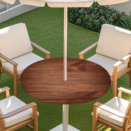 ENEN 3D Elastische Runde Tischdecke mit Schirmloch und Reißverschluss, Wasserdicht Outdoor Taillierte Runde Tischdecke, Wetterfest Gartentischdecke für Sonnenschirm (Brett 5,S: 79-89cm) von ENEN