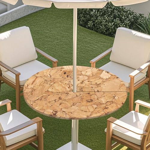 ENEN 3D Elastische Runde Tischdecke mit Schirmloch und Reißverschluss, Wasserdicht Outdoor Taillierte Runde Tischdecke, Wetterfest Gartentischdecke für Sonnenschirm (Brett 6,S: 79-89cm) von ENEN