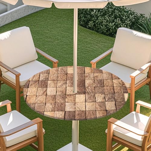 ENEN 3D Elastische Runde Tischdecke mit Schirmloch und Reißverschluss, Wasserdicht Outdoor Taillierte Runde Tischdecke, Wetterfest Gartentischdecke für Sonnenschirm (Brett 8,S: 79-89cm) von ENEN