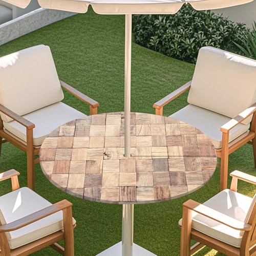 ENEN 3D Elastische Runde Tischdecke mit Schirmloch und Reißverschluss, Wasserdicht Outdoor Taillierte Runde Tischdecke, Wetterfest Gartentischdecke für Sonnenschirm (Brett 9,S: 79-89cm) von ENEN