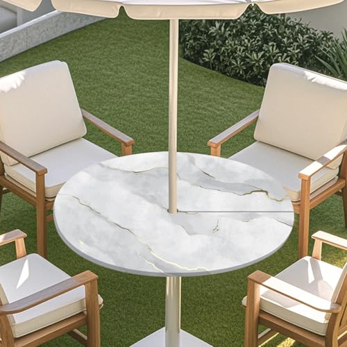 ENEN 3D Elastische Runde Tischdecke mit Schirmloch und Reißverschluss, Wasserdicht Outdoor Taillierte Runde Tischdecke, Wetterfest Gartentischdecke für Sonnenschirm (Farbiger Marmor 0,L: 114-137cm) von ENEN