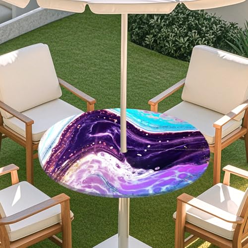 ENEN 3D Elastische Runde Tischdecke mit Schirmloch und Reißverschluss, Wasserdicht Outdoor Taillierte Runde Tischdecke, Wetterfest Gartentischdecke für Sonnenschirm (Farbiger Marmor 5,M: 91-112cm) von ENEN
