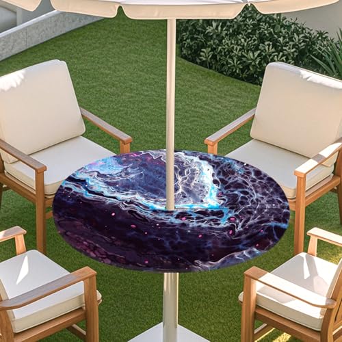 ENEN 3D Elastische Runde Tischdecke mit Schirmloch und Reißverschluss, Wasserdicht Outdoor Taillierte Runde Tischdecke, Wetterfest Gartentischdecke für Sonnenschirm (Farbiger Marmor 6,S: 79-89cm) von ENEN