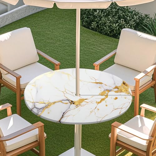 ENEN 3D Elastische Runde Tischdecke mit Schirmloch und Reißverschluss, Wasserdicht Outdoor Taillierte Runde Tischdecke, Wetterfest Gartentischdecke für Sonnenschirm (Farbiger Marmor 8,S: 79-89cm) von ENEN