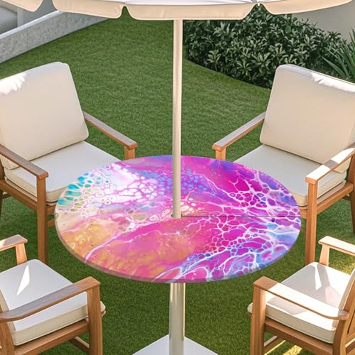 ENEN 3D Elastische Runde Tischdecke mit Schirmloch und Reißverschluss, Wasserdicht Outdoor Taillierte Runde Tischdecke, Wetterfest Gartentischdecke für Sonnenschirm (Farbiger Marmor 9,S: 79-89cm) von ENEN