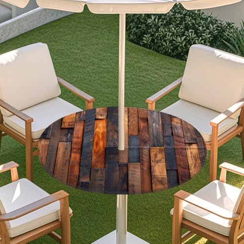 ENEN 3D Elastische Runde Tischdecke mit Schirmloch und Reißverschluss, Wasserdicht Outdoor Taillierte Runde Tischdecke, Wetterfest Gartentischdecke für Sonnenschirm (Holzmaserung 0,L: 114-137cm) von ENEN