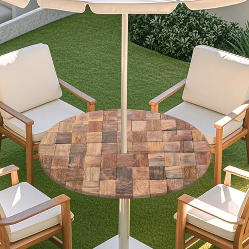 ENEN 3D Elastische Runde Tischdecke mit Schirmloch und Reißverschluss, Wasserdicht Outdoor Taillierte Runde Tischdecke, Wetterfest Gartentischdecke für Sonnenschirm (Holzmaserung 1,L: 114-137cm) von ENEN