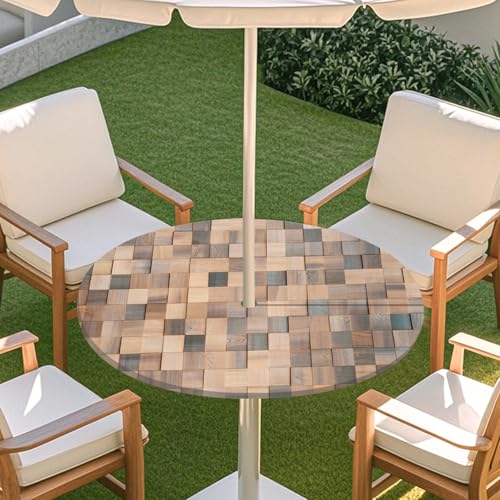 ENEN 3D Elastische Runde Tischdecke mit Schirmloch und Reißverschluss, Wasserdicht Outdoor Taillierte Runde Tischdecke, Wetterfest Gartentischdecke für Sonnenschirm (Holzmaserung 11,M: 91-112cm) von ENEN