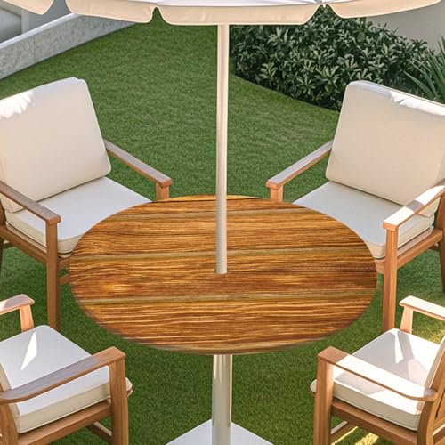 ENEN 3D Elastische Runde Tischdecke mit Schirmloch und Reißverschluss, Wasserdicht Outdoor Taillierte Runde Tischdecke, Wetterfest Gartentischdecke für Sonnenschirm (Holzmaserung 2,S: 79-89cm) von ENEN