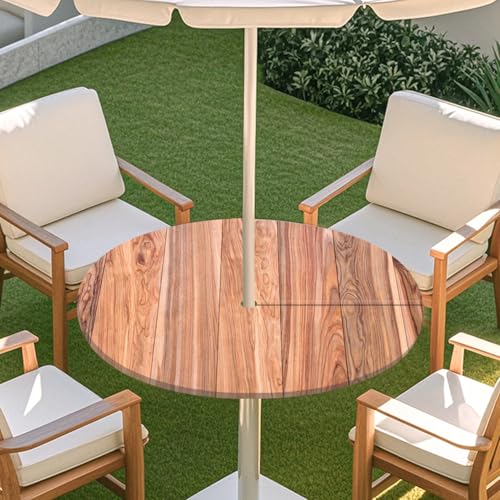 ENEN 3D Elastische Runde Tischdecke mit Schirmloch und Reißverschluss, Wasserdicht Outdoor Taillierte Runde Tischdecke, Wetterfest Gartentischdecke für Sonnenschirm (Holzmaserung 21,L: 114-137cm) von ENEN