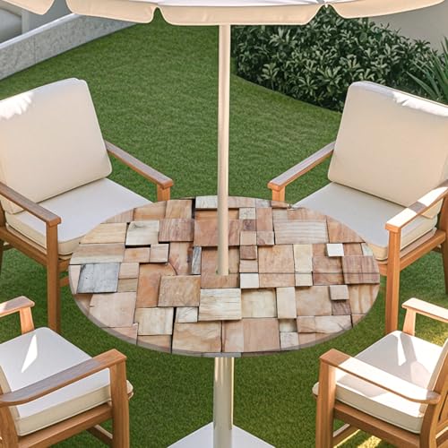 ENEN 3D Elastische Runde Tischdecke mit Schirmloch und Reißverschluss, Wasserdicht Outdoor Taillierte Runde Tischdecke, Wetterfest Gartentischdecke für Sonnenschirm (Holzmaserung 3,S: 79-89cm) von ENEN