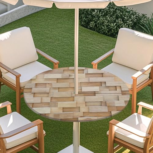 ENEN 3D Elastische Runde Tischdecke mit Schirmloch und Reißverschluss, Wasserdicht Outdoor Taillierte Runde Tischdecke, Wetterfest Gartentischdecke für Sonnenschirm (Holzmaserung 4,S: 79-89cm) von ENEN