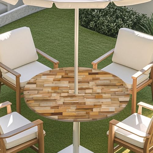 ENEN 3D Elastische Runde Tischdecke mit Schirmloch und Reißverschluss, Wasserdicht Outdoor Taillierte Runde Tischdecke, Wetterfest Gartentischdecke für Sonnenschirm (Holzmaserung 5,S: 79-89cm) von ENEN