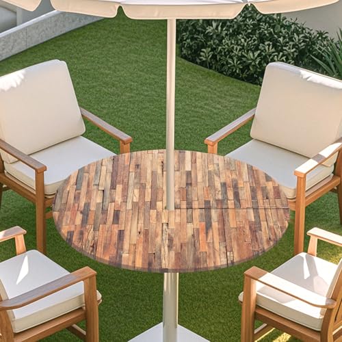 ENEN 3D Elastische Runde Tischdecke mit Schirmloch und Reißverschluss, Wasserdicht Outdoor Taillierte Runde Tischdecke, Wetterfest Gartentischdecke für Sonnenschirm (Holzmaserung 6,L: 114-137cm) von ENEN