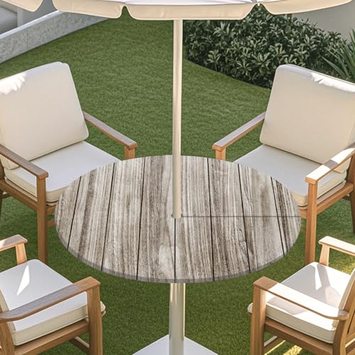 ENEN 3D Elastische Runde Tischdecke mit Schirmloch und Reißverschluss, Wasserdicht Outdoor Taillierte Runde Tischdecke, Wetterfest Gartentischdecke für Sonnenschirm (Holzmaserung 7,S: 79-89cm) von ENEN