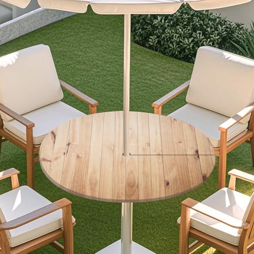 ENEN 3D Elastische Runde Tischdecke mit Schirmloch und Reißverschluss, Wasserdicht Outdoor Taillierte Runde Tischdecke, Wetterfest Gartentischdecke für Sonnenschirm (Holzmaserung 8,L: 114-137cm) von ENEN