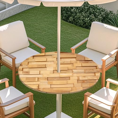ENEN 3D Elastische Runde Tischdecke mit Schirmloch und Reißverschluss, Wasserdicht Outdoor Taillierte Runde Tischdecke, Wetterfest Gartentischdecke für Sonnenschirm (Holzmaserung 9,M: 91-112cm) von ENEN