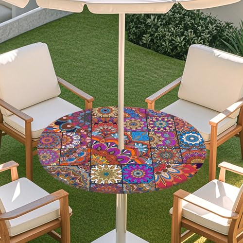 ENEN 3D Elastische Runde Tischdecke mit Schirmloch und Reißverschluss, Wasserdicht Outdoor Taillierte Runde Tischdecke, Wetterfest Gartentischdecke für Sonnenschirm (Kaleidoskop 1,S: 79-89cm) von ENEN