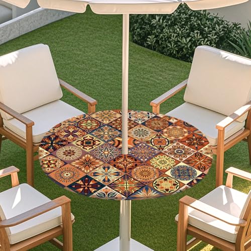 ENEN 3D Elastische Runde Tischdecke mit Schirmloch und Reißverschluss, Wasserdicht Outdoor Taillierte Runde Tischdecke, Wetterfest Gartentischdecke für Sonnenschirm (Kaleidoskop 2,S: 79-89cm) von ENEN