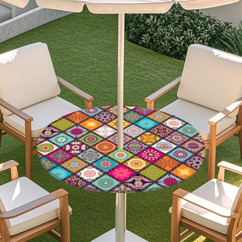 ENEN 3D Elastische Runde Tischdecke mit Schirmloch und Reißverschluss, Wasserdicht Outdoor Taillierte Runde Tischdecke, Wetterfest Gartentischdecke für Sonnenschirm (Kaleidoskop 3,L: 114-137cm) von ENEN