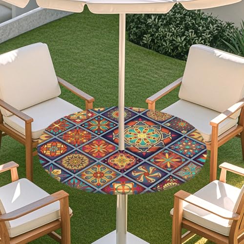 ENEN 3D Elastische Runde Tischdecke mit Schirmloch und Reißverschluss, Wasserdicht Outdoor Taillierte Runde Tischdecke, Wetterfest Gartentischdecke für Sonnenschirm (Kaleidoskop 6,M: 91-112cm) von ENEN