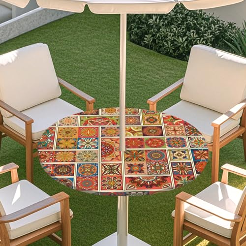 ENEN 3D Elastische Runde Tischdecke mit Schirmloch und Reißverschluss, Wasserdicht Outdoor Taillierte Runde Tischdecke, Wetterfest Gartentischdecke für Sonnenschirm (Kaleidoskop 7,S: 79-89cm) von ENEN