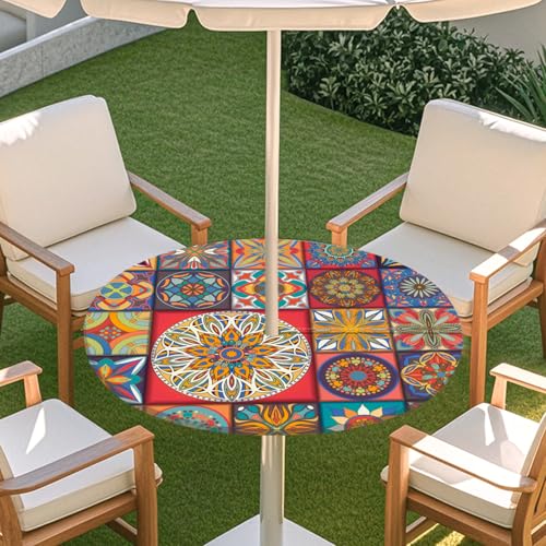 ENEN 3D Elastische Runde Tischdecke mit Schirmloch und Reißverschluss, Wasserdicht Outdoor Taillierte Runde Tischdecke, Wetterfest Gartentischdecke für Sonnenschirm (Kaleidoskop 8,S: 79-89cm) von ENEN