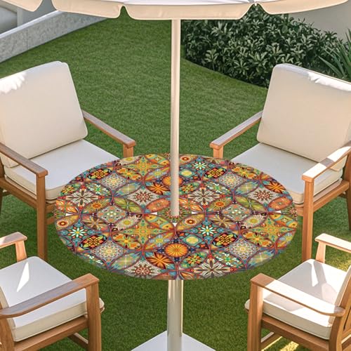 ENEN 3D Elastische Runde Tischdecke mit Schirmloch und Reißverschluss, Wasserdicht Outdoor Taillierte Runde Tischdecke, Wetterfest Gartentischdecke für Sonnenschirm (Kaleidoskop 9,M: 91-112cm) von ENEN