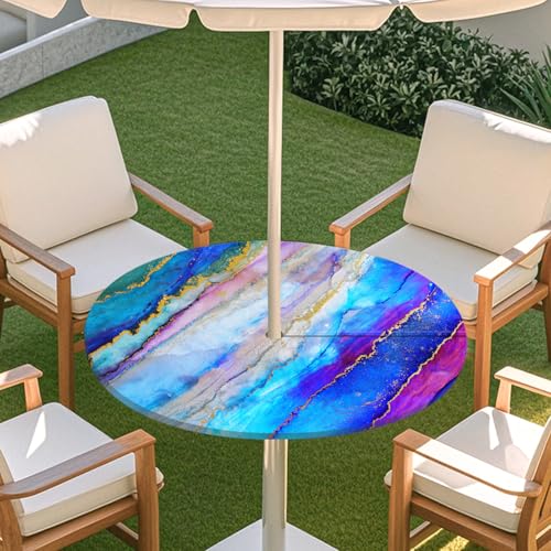 ENEN 3D Elastische Runde Tischdecke mit Schirmloch und Reißverschluss, Wasserdicht Outdoor Taillierte Runde Tischdecke, Wetterfest Gartentischdecke für Sonnenschirm (Klassisch Marmor 3,S: 79-89cm) von ENEN