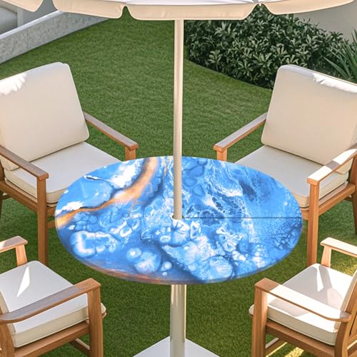ENEN 3D Elastische Runde Tischdecke mit Schirmloch und Reißverschluss, Wasserdicht Outdoor Taillierte Runde Tischdecke, Wetterfest Gartentischdecke für Sonnenschirm (Klassisch Marmor 4,L: 114-137cm) von ENEN