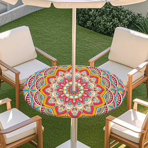 ENEN 3D Elastische Runde Tischdecke mit Schirmloch und Reißverschluss, Wasserdicht Outdoor Taillierte Runde Tischdecke, Wetterfest Gartentischdecke für Sonnenschirm (Mandala 4,S: 79-89cm) von ENEN