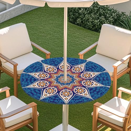 ENEN 3D Elastische Runde Tischdecke mit Schirmloch und Reißverschluss, Wasserdicht Outdoor Taillierte Runde Tischdecke, Wetterfest Gartentischdecke für Sonnenschirm (Mandala 5,M: 91-112cm) von ENEN