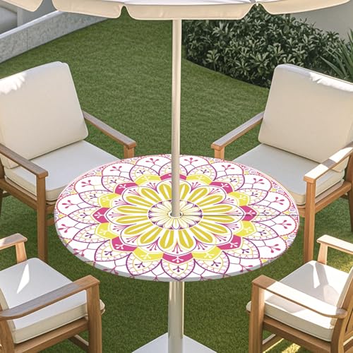 ENEN 3D Elastische Runde Tischdecke mit Schirmloch und Reißverschluss, Wasserdicht Outdoor Taillierte Runde Tischdecke, Wetterfest Gartentischdecke für Sonnenschirm (Mandala 7,S: 79-89cm) von ENEN
